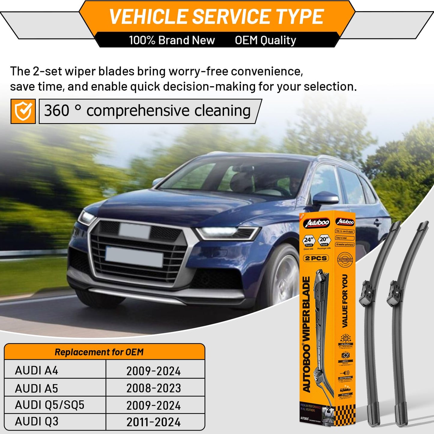 OEM Wiper Blades Replacement for Audi A4 Q5 Q3 A5 RS5 S5 allroad 2009-2020 Original Equipment Replacement Windshield Wipers 24 inch / 20 inch -Original Factory Quality (Set of 2) Top Lock 16mm