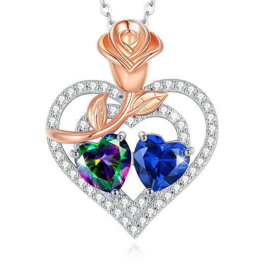 AGVANA June September Birthstone Jewelry Alexandrite Sapphire Necklace Sterling Silver Rose Flower Heart Double Birthstone Pendant Necklace Anniversary Birthday Gifts for Women Mom Wife Lady Her