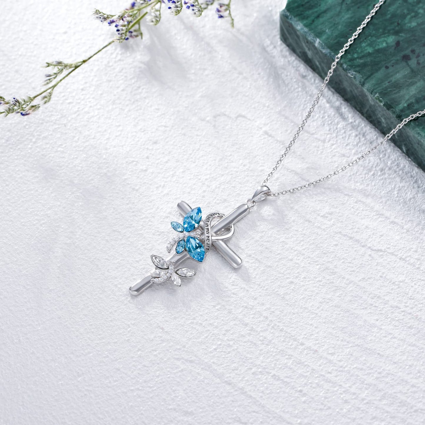 Flpruy Dragonfly Cross Necklace 925 Sterling Silver for Women Crystal Dragonfly Gift Forever in My Heart Love Jewelry Gift for Wife Daughter Mother