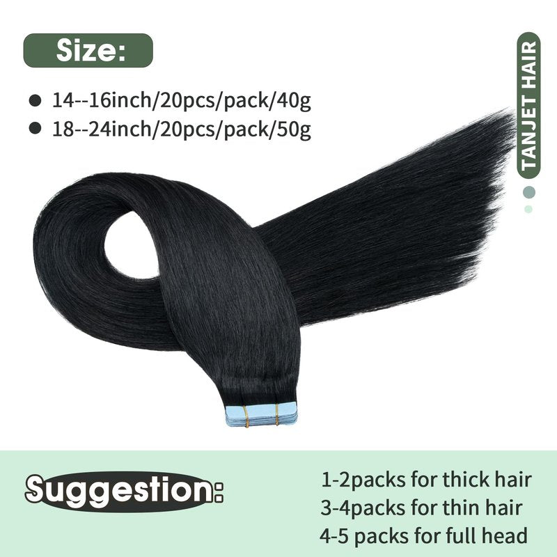 TANJET Tape-in Extensions - Darkest Brown Seamless Silky Soft Human Hair - Real Hair Tape-in Brown - 2 18 Inch 20pcs 50g/Pack