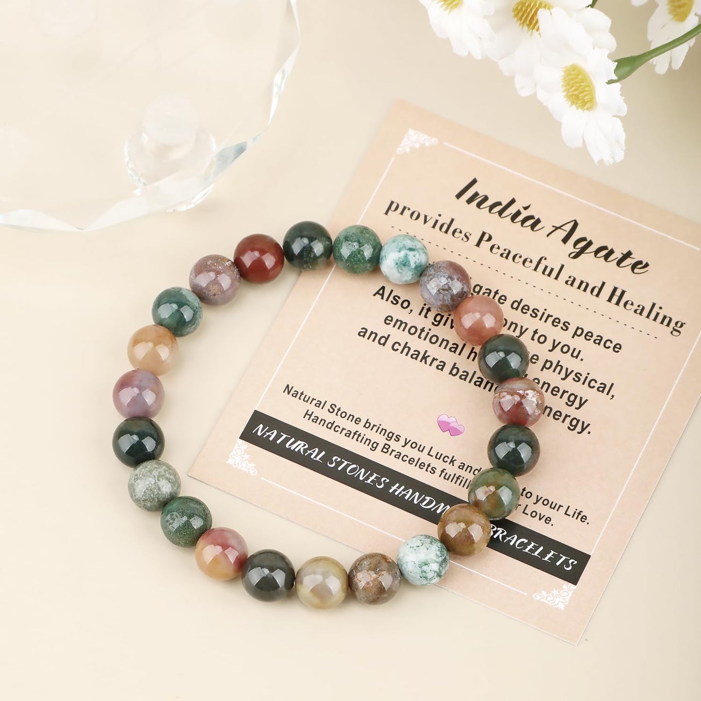 AD Beads Handmade Gemstone Stretch Elastic Bracelet Crystal Healing Reiki Nature's Beauty and Spiritual Essence Unisex (8mm, Indian Agate)