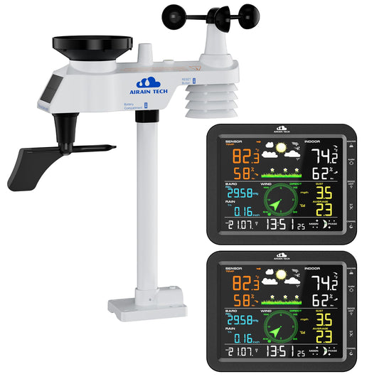 AIRAIN TECH 10-in-1 Wireless Weather Station with Dual Display, Outdoor Sensor, Rain Gauge, Wind Speed,Atomic Clock, Indoor Temp/Humidity, Barometric Pressure,etc (No WiFi)