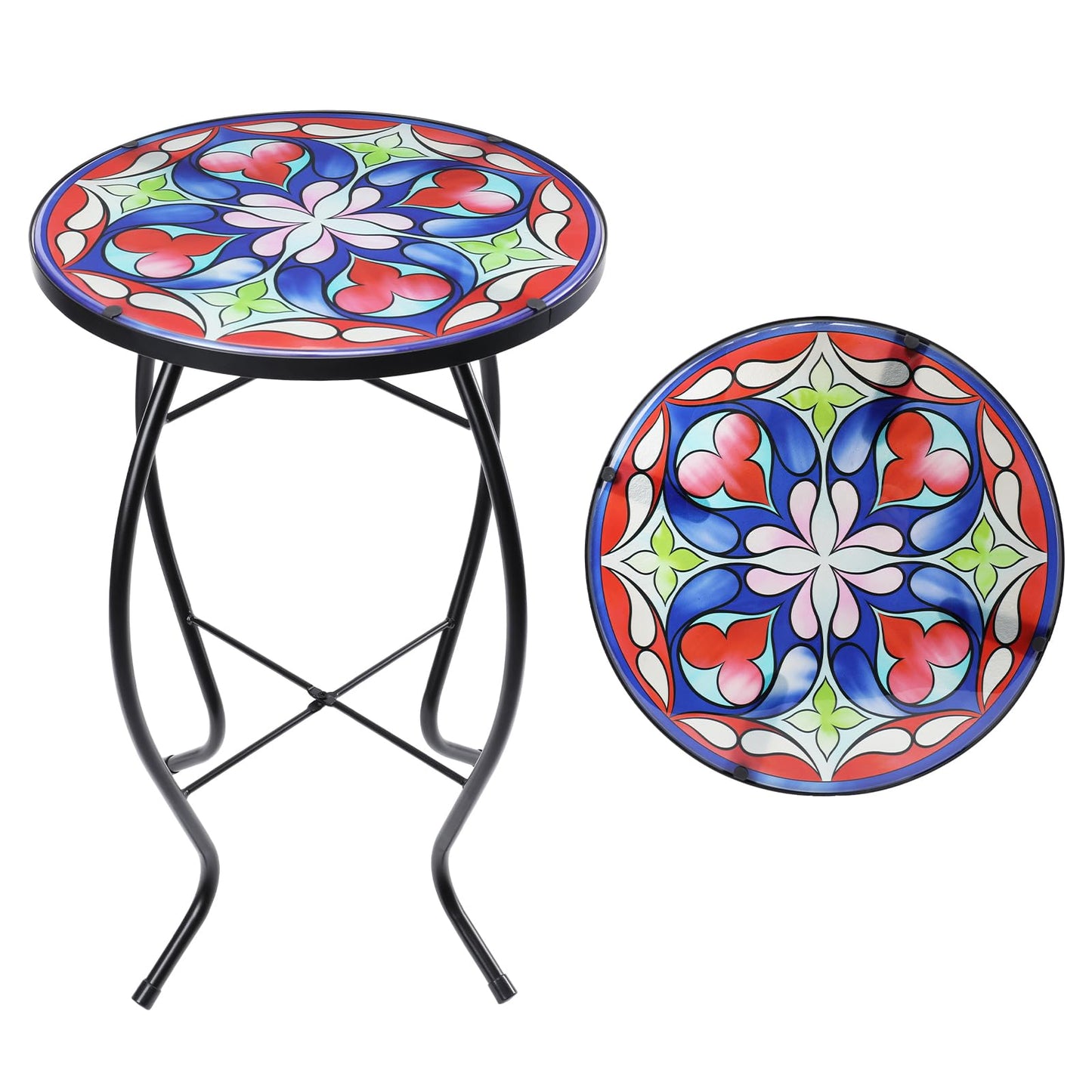 MUMTOP Side Patio Tables-Mosaic Outdoor Side Table - 14’’ Symmetrical Pattern Glass Accent Round End Table, Plant Stand Indoor Small Coffee Table for Garden or Living Room Decor