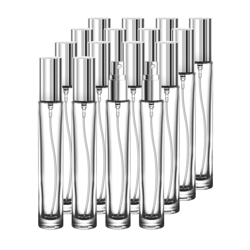 Glassfinity 16 Pack 10ml Empty Perfume Bottles, Refillable Round Glass Spray Atomizers with Funnel, Transfer Pump and Labels, Travel Fragrance Decant Bottles for Samples, Silver Caps