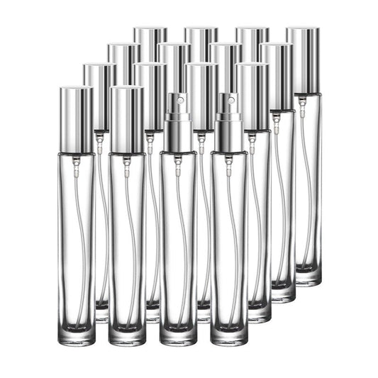 Glassfinity 16 Pack 10ml Empty Perfume Bottles, Refillable Round Glass Spray Atomizers with Funnel, Transfer Pump and Labels, Travel Fragrance Decant Bottles for Samples, Silver Caps