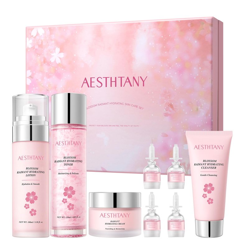 Skin Care Set For Women Moisturizing Rejuvationg Cherry Blossom Skin Care For Women Daily Skin Care Routine(8 Piece Set)