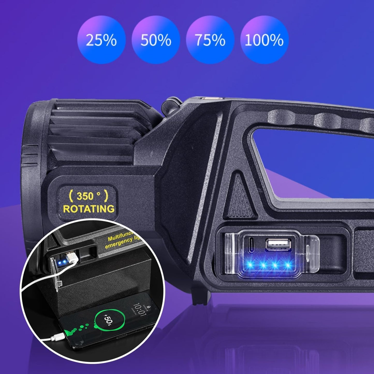 1300000 L Spotlight, Rechargeable Led Spotlight Flashlight with 350° Rotate Head, 9 Modes Super Bright Spot Lights Outdoor Handheld, IPX6 Waterproof Solar Flashlight for Emergencies