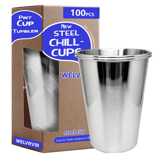 20oz 100PCS Stainless Steel Pint Cup,Pint Tumbler,Reusable metal Cups,Stainless Steel Water Tumbler,BPA Free,Stackble,Durable,Unbreakable Metal Drinking Glasses for Bar,Banquet Mugs (100, 20OZ)