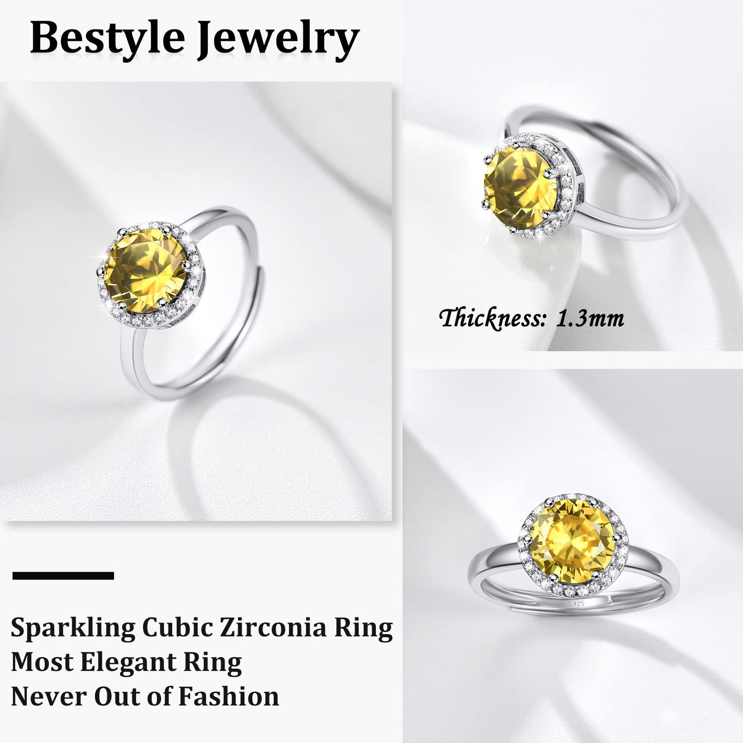 Bestyle S925 Sterling Silver Round Crytsal Rings, Dainty November Critine Crystals Birthstone Rings, Anniversary/Mother’s Day/Birthday Jewelry Gifts for Women Mom/Wife/Sister/Best Friend