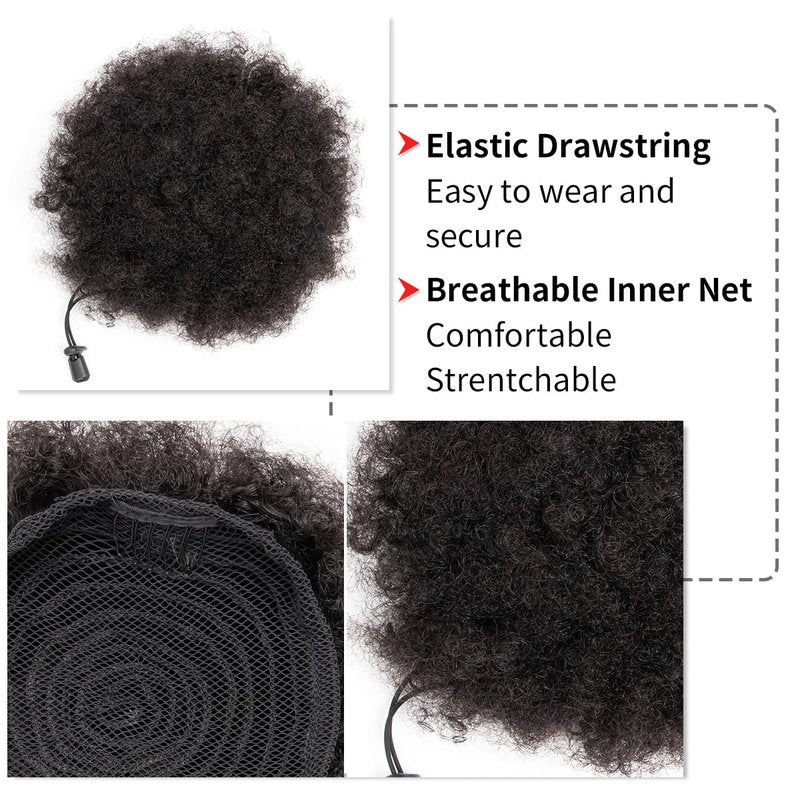 Afro Puffs Large Human Hair Buns - Natural Drawstring Ponytail Extensions | 8 Inch Natural Black for Women