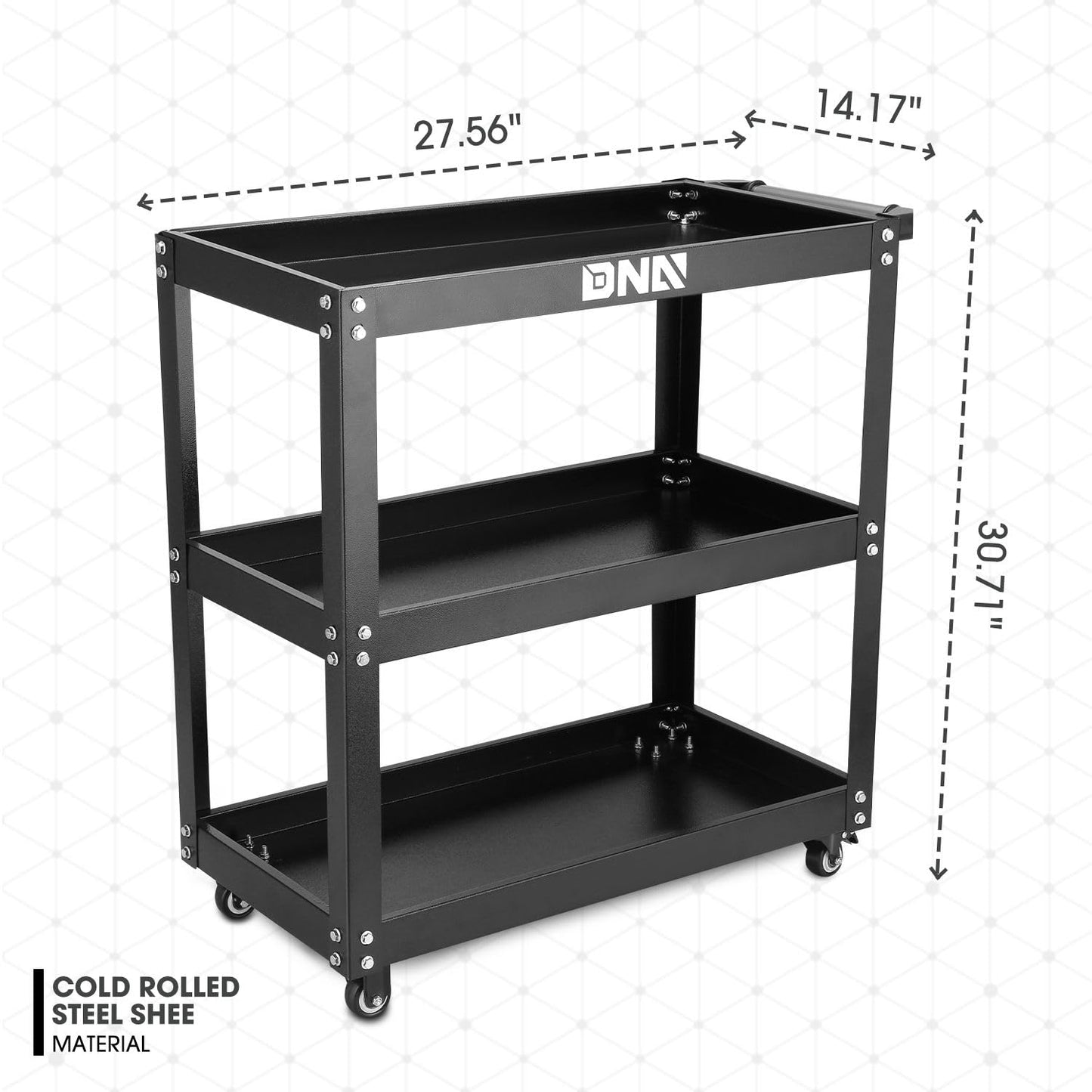 DNA MOTORING 3 Tier Rolling Tool Cart, Heavy Duty Rolling Service Tool Cart with 3 Tires, Metal Service Cart for Warehouse, Garage, Office, Workshop, TOOLS-00796-BK