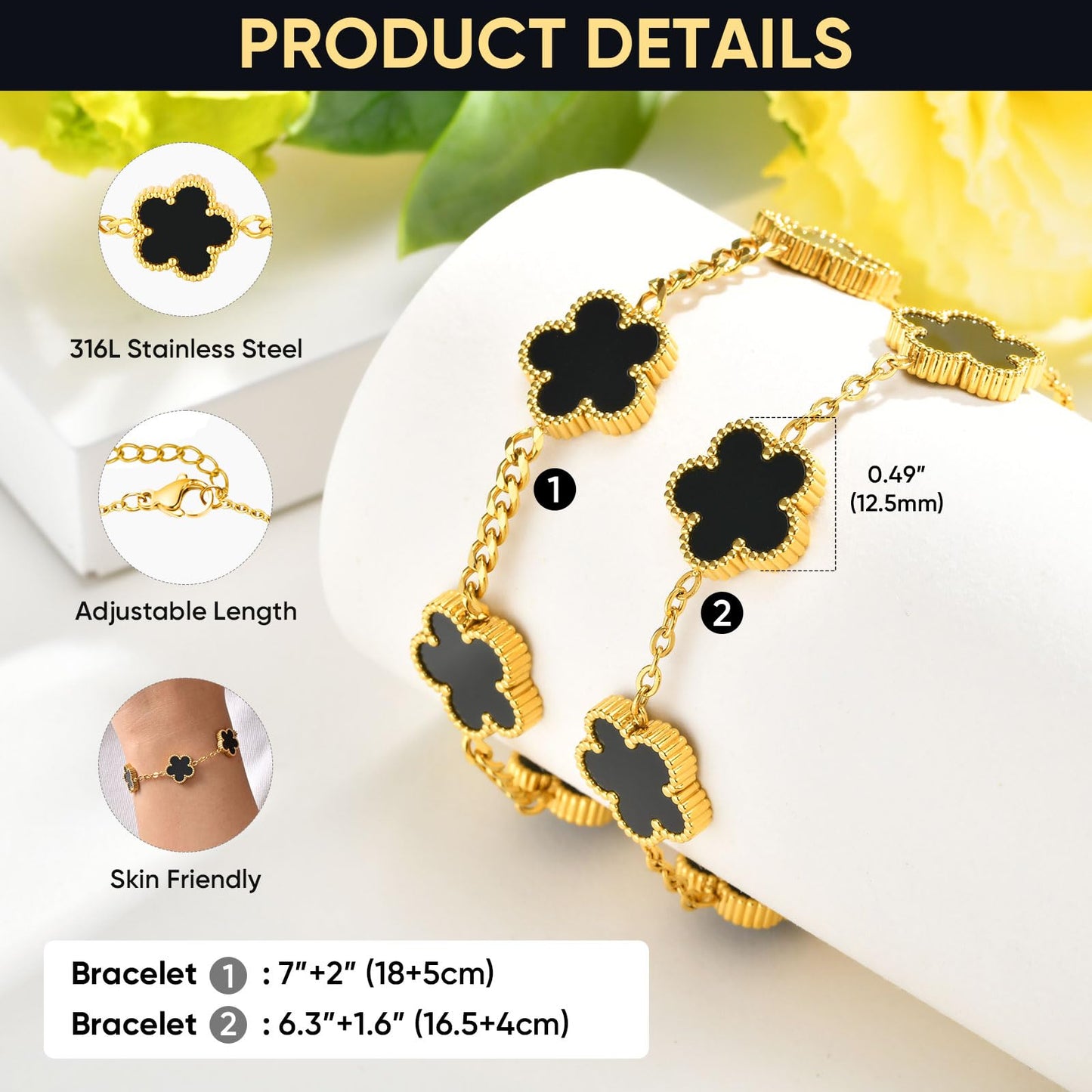 VNOX 2 PCS Floral Bracelets for Men Women -Womens Mens Stainless Steel Gold Cuban Chain Link Bracelet Lucky Charm Four Clover Flower Bracelets Trendy Jewelry Gifts，7