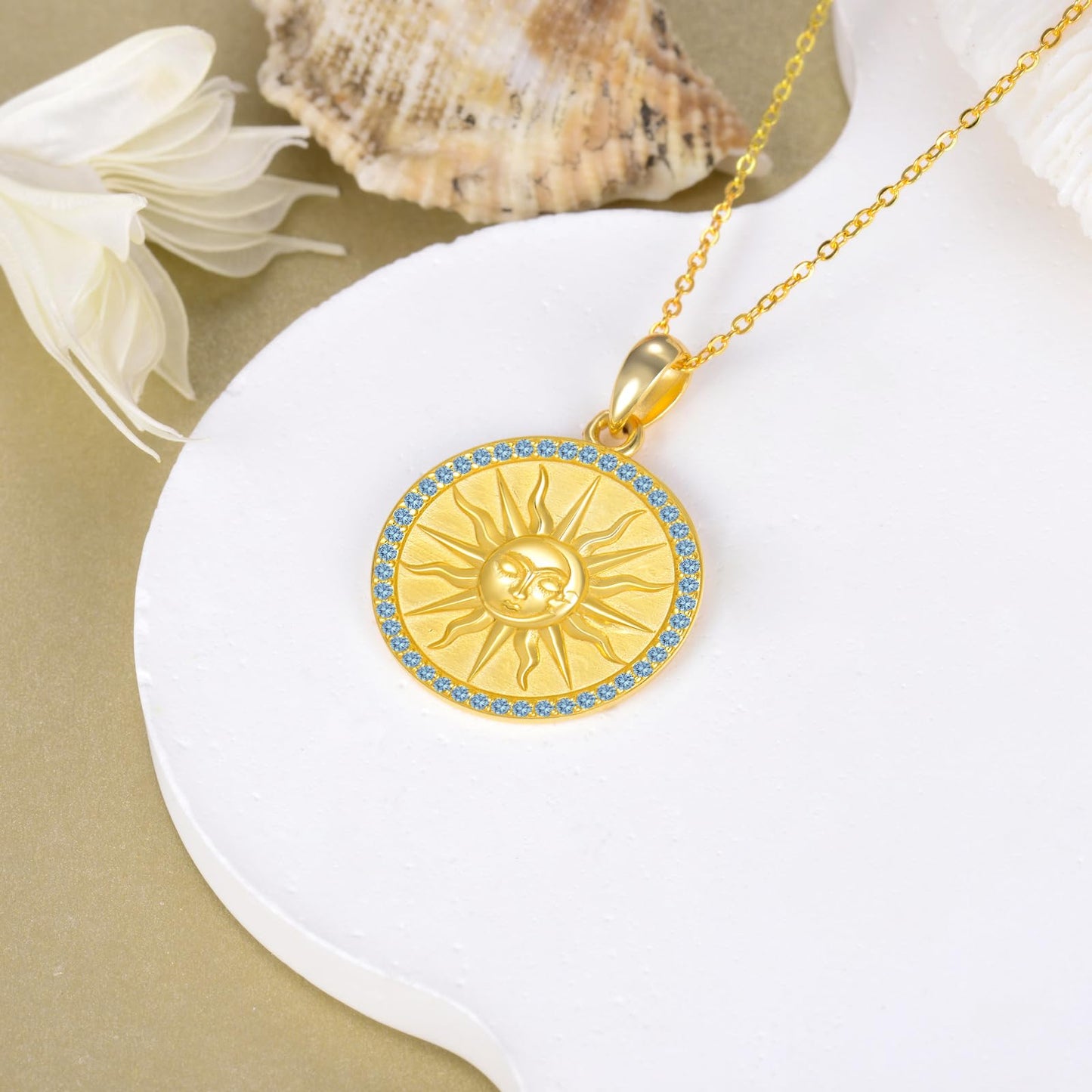 KQF Birthstone Sun Necklace for Women 925 Sterling Silver Sun and Moon Gold Plated Coin Pendant March Jewelry Gift