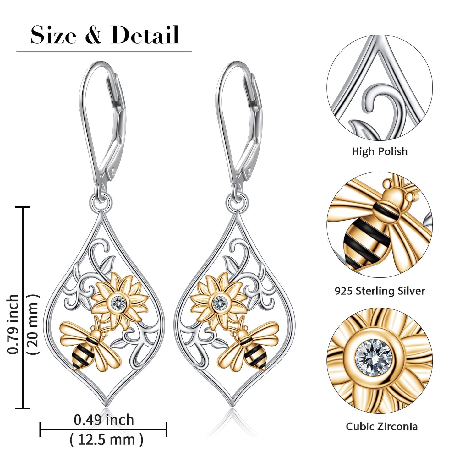 SHAOAN 925 Sterling Silver Sunflower Bee Dangle Drop Earrings for Women Flower Earring Jewelry Gifts for Anniversary Mother’s Day Birthday