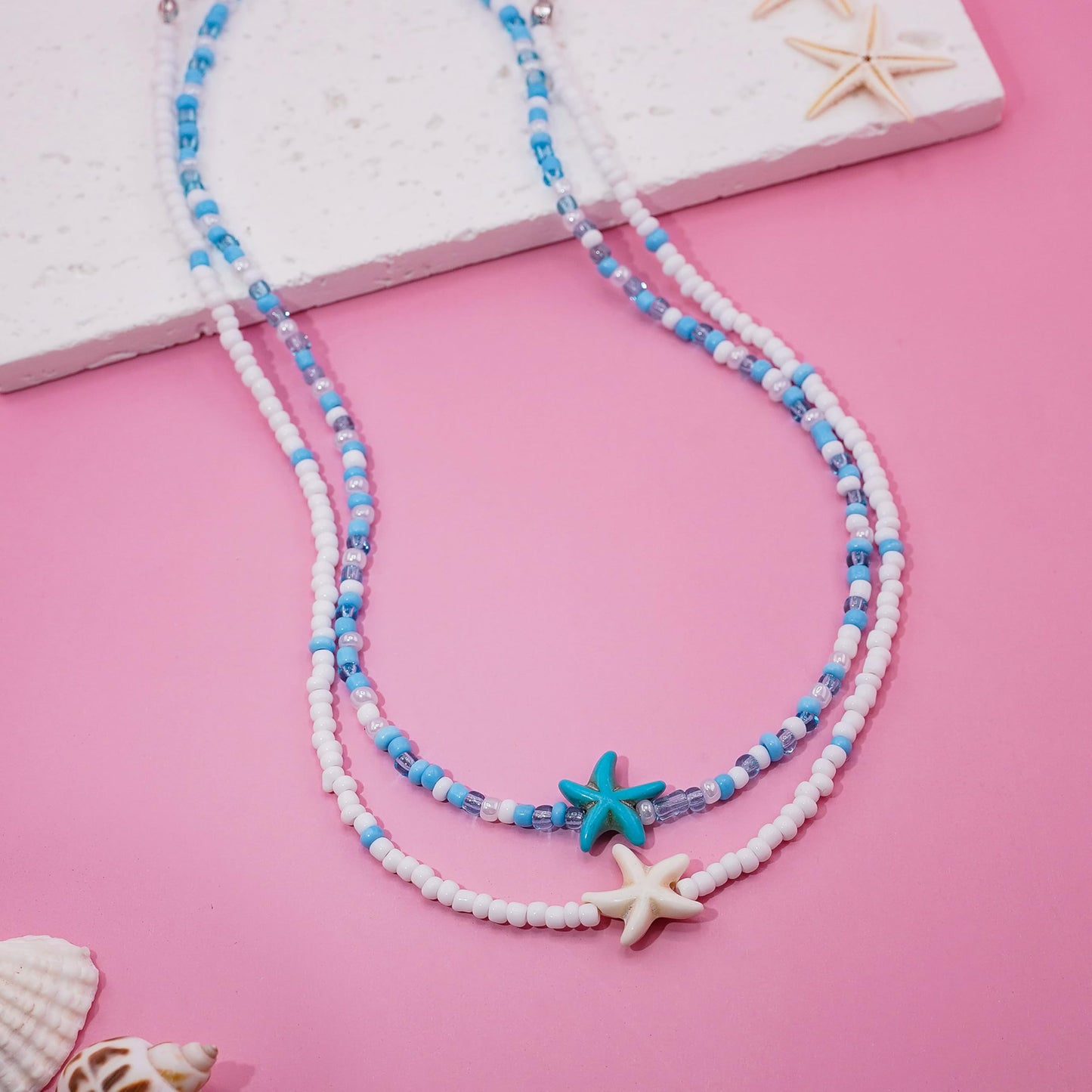 Lameybrt Cowrie Shell Surfer Necklaces, Hawaiian Beach Handmade Choker Set for Women, White Rice Bead with Black Accents, Bohemian Summer Seashell Choker 2 Piece Set, Perfect for Summer Beach Vacation, Birthday, Mother’s Day & Holiday Gifts (Shell 17 Doub
