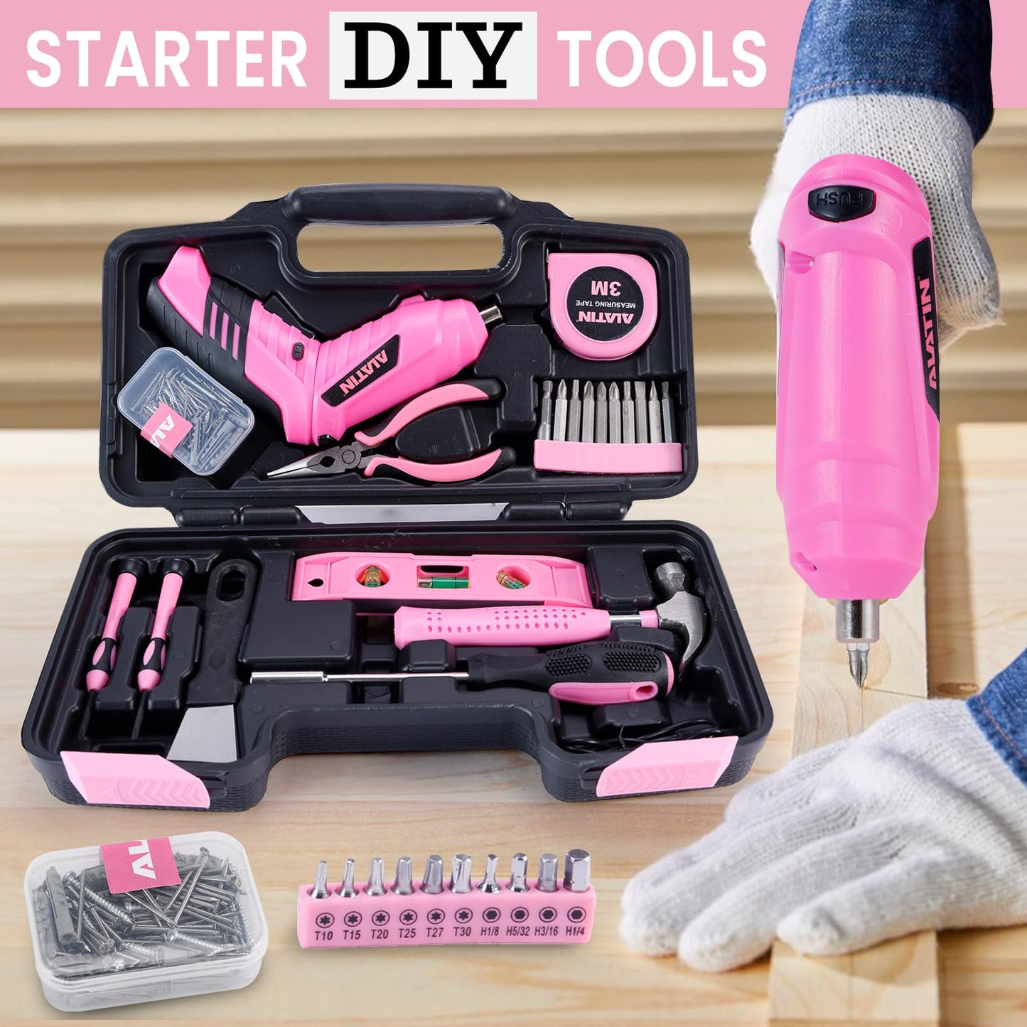 ALATIN Pink Tool Set for Women, 136 PCS Household Tool Kit with 3.6V USB Electric Screwdriver, Cordless Lithium-ion Drill Driver, Home Improvement Hand Tools for DIY Projects