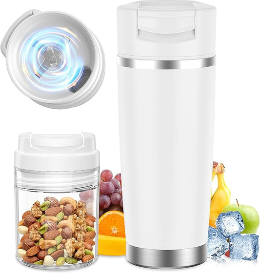 Portable Personal Blender 20oz Vacuum Cup Cordless Blende for 120 Watt Rechargeable Personal Size blender With Stainless Steel Bottle Ideal For-Shakes and Smoothies, BPA Free (White）