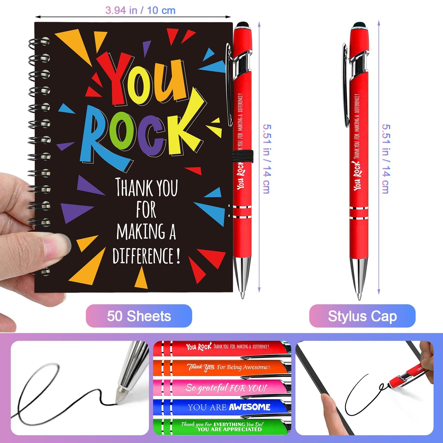 Aartner 10 Sets/20 Pcs Employee Appreciation Gifts Staff Spiral Notebooks Pens Bulk Stylus Cap Team for Teachers Thank You Inspiration Coworkers Inspirational Christmas Party Supplies