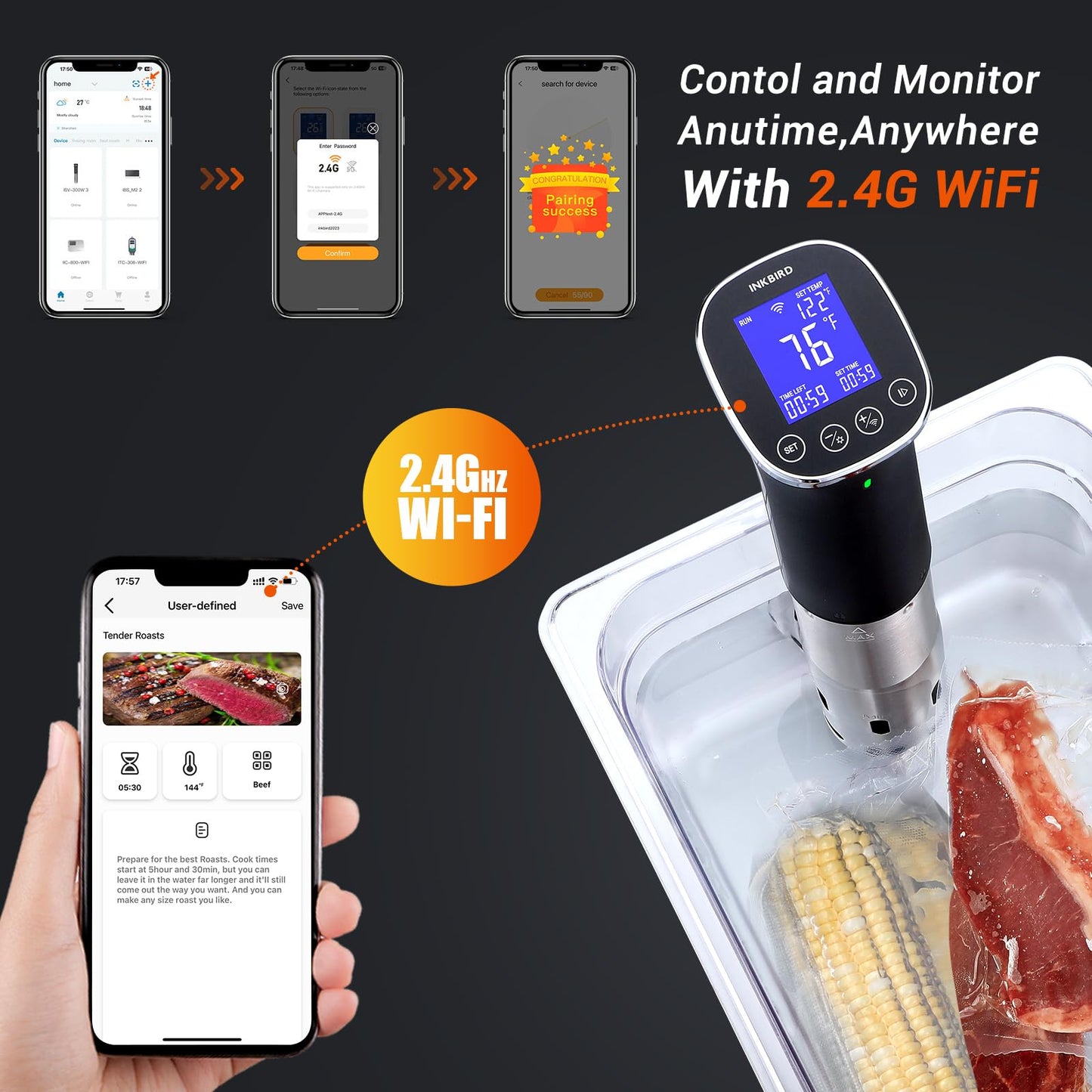 Inkbird WIFI Sous Vide Cooker ISV-300W, 1000 Watts Sous-Vide Machine with 14 Preset Recipes, 3D Fast-Heating Thermal Immersion Circulator with Timer for Father (ISV-300W)