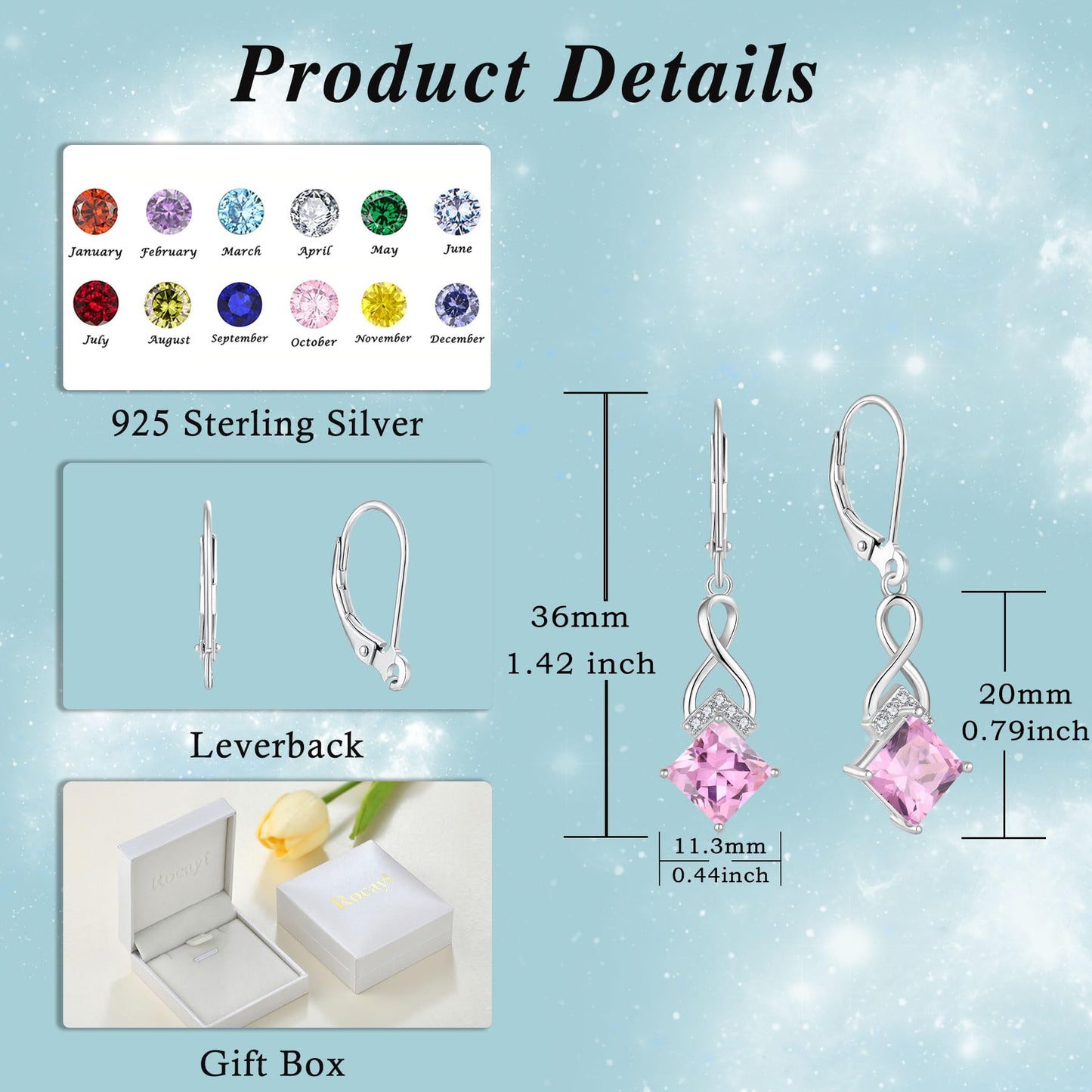 Rocayi Pink Tourmaline Jewelry Set 925 Sterling Silver Infinity Princess Cut Necklace and Earrings Set October Birthstone Jewelry for Women