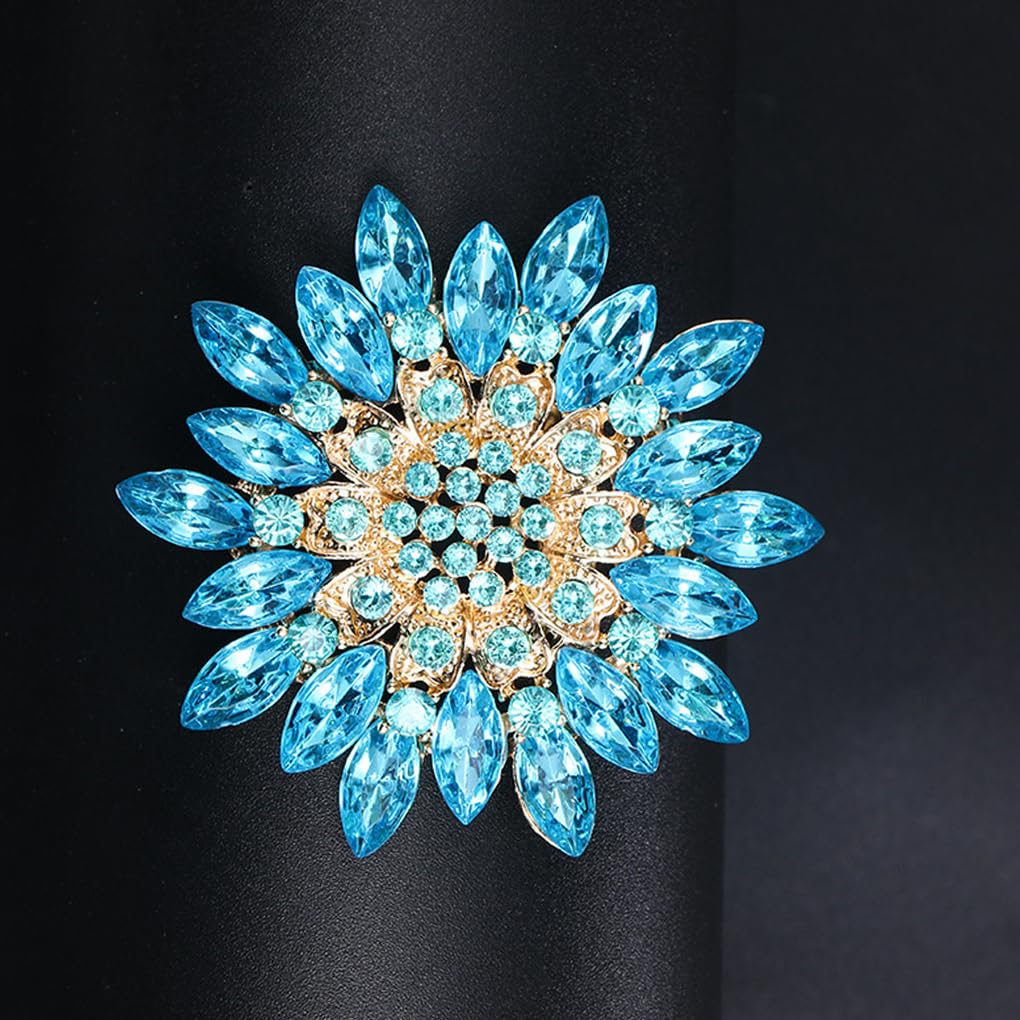 Rhinestone Large Flower Brooches Pins for Women Fashion Sparkly Crystal Sunflower Statement Brooch Wedding Party Suit Dress Formal Jewelry Accessories (Blue)