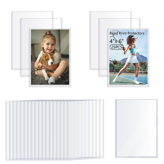 AKONEGE 25PCS 4" x 6" Rigid Print Protectors Waterproof Hard Plastic Sheet Protectors Top Loading Rigid Photo Sleeves Clear Plastic Sleeves for Postcard, Sports & Trading Cards