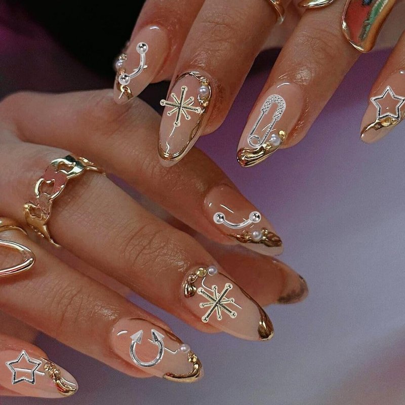 120 Silver Star Nail Charms - Gold Rivets Cross Nail Charms - 3D Crystal Nail Art, Y2k Retro Nail Rrt Cross Charm for DIY Designs Supplies B