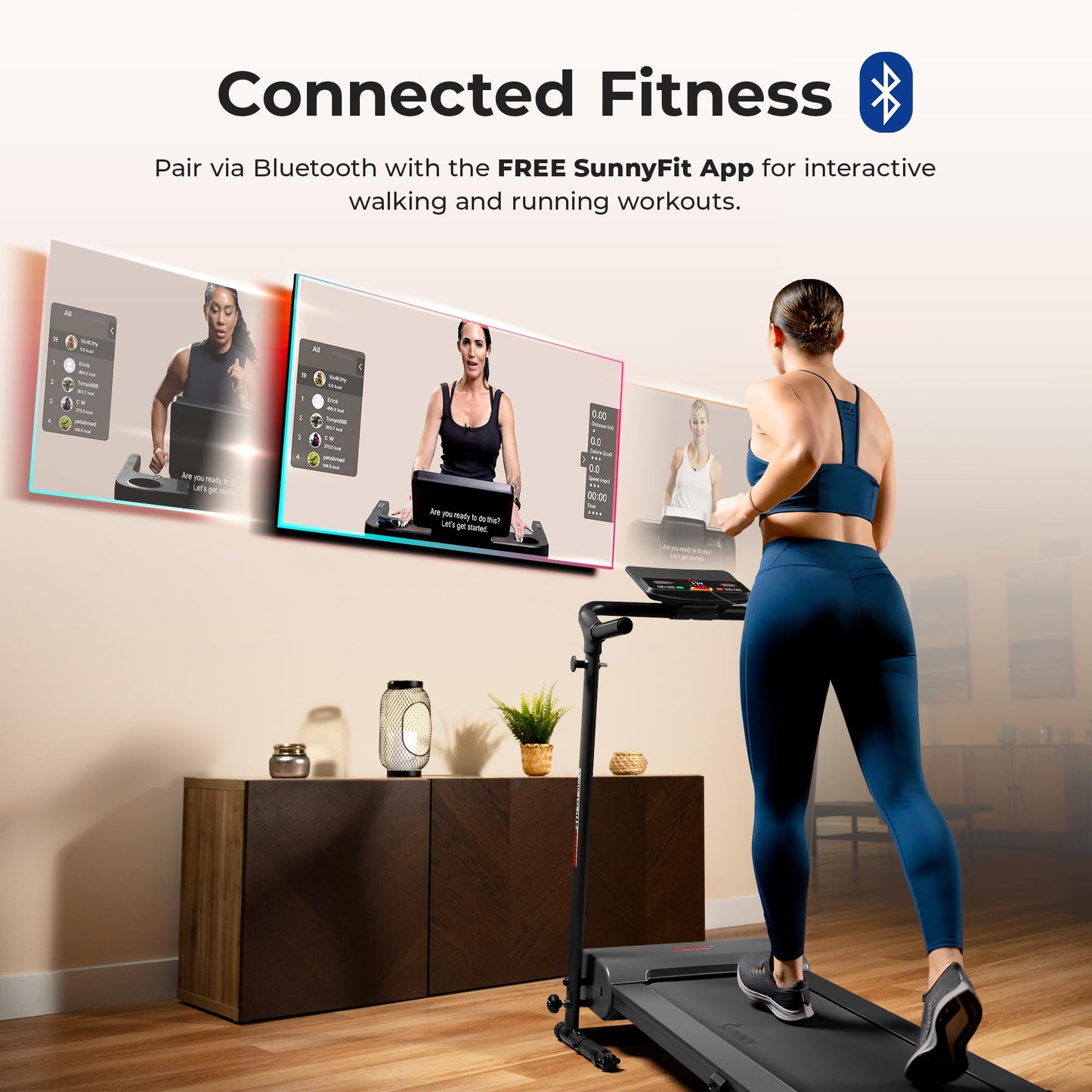 Sunny Health & Fitness Smart Foldable Exercise Running Walking Treadmill, Easy Assembly, LCD Performance Monitor, Device Holder, and SunnyFit® App Enhanced Bluetooth Connectivity - SF-T7610SMART
