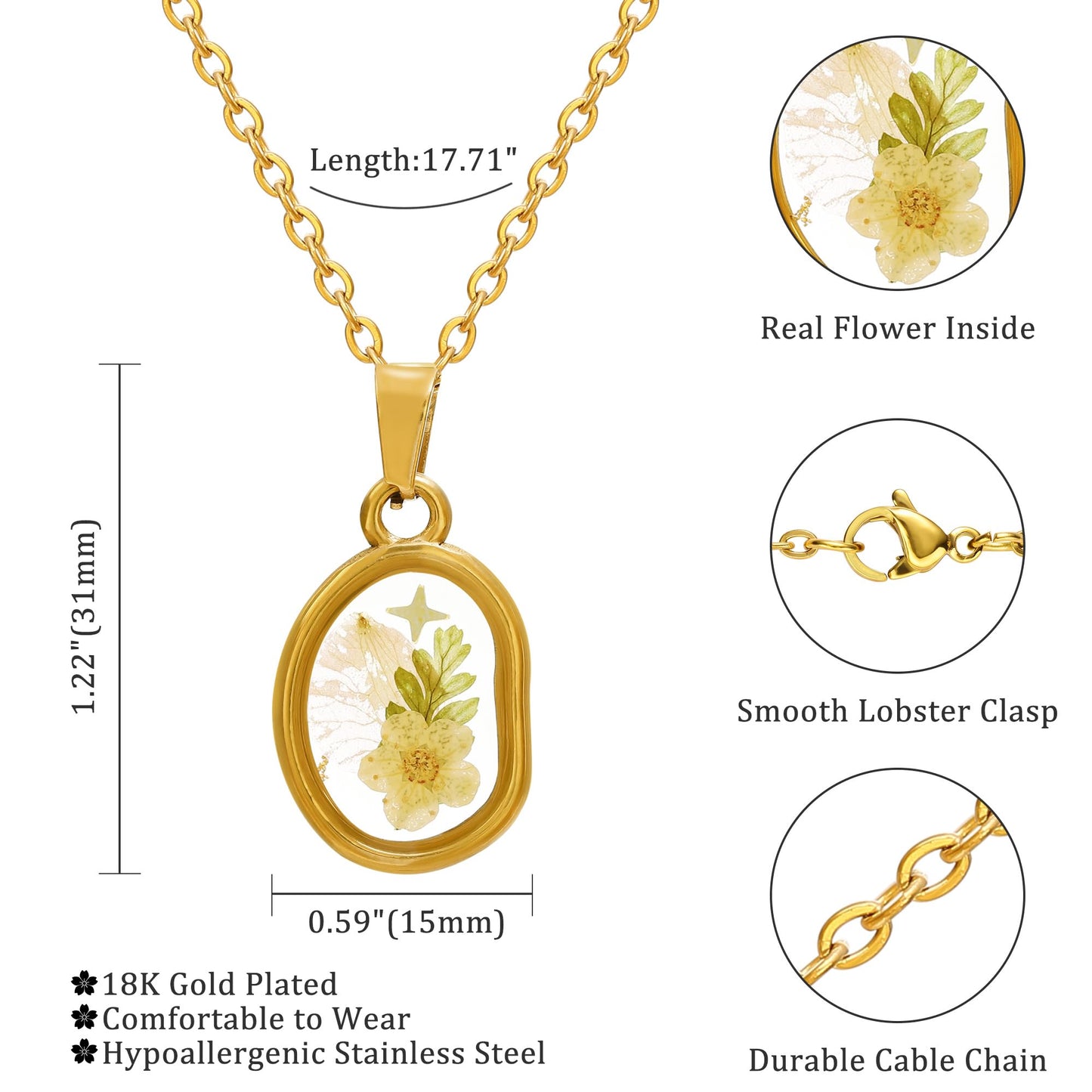 LETFLY Birth Flower Necklaces for Women, 18K Gold Plated Oval Shaped Handmade Floral Pendant, Pressed Flower Necklace Jewelry Gifts Love