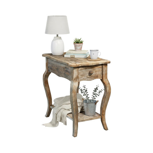 Alaterre Furniture Austerity Living Room Tables – 15 Inch Narrow Chairside Table with Drawer, Shelf, Scalloped Edges, & Curved Legs – Rustic Accent Side Table in Driftwood Finish