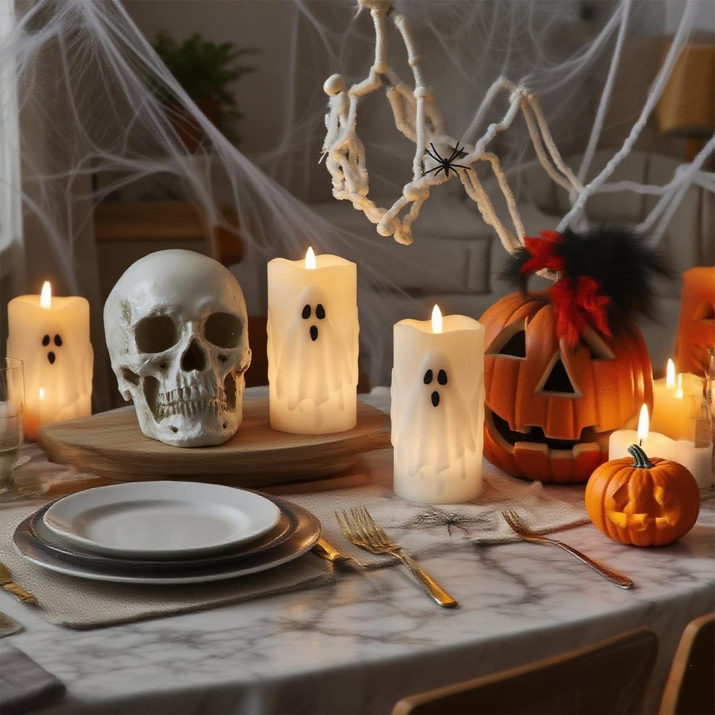 Eldnacele Spooky Ghost Halloween Flameless Candles Battery Operated with Remote & Timer Set of 2 LED Flickering Pillar Candles White Real Wax 3D Wick Long Lasting Home Indoor Decor (3" D x 6.5"" H)"