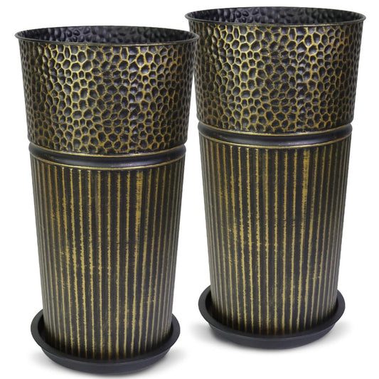 2 Pcs Pack 22 Inches Metal Tall Tapered Planter Pots Large Galvanized Steel Round Planter Flower Pot with Drainage Holes for Indoor Outdoor Deck Porch Garden Home Patio Front Door (Antique Bronze, S)