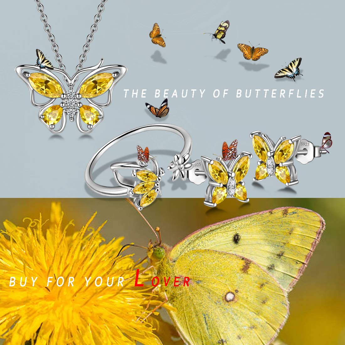 Hipunk Butterfly Yellow Jewelry Sets Birthstone Women 925 Sterling Silver November-Citrine Birth Stone Animal Butterflies Jewelry Sets/Earring/Ring Set Crystal Birthday Jewelry SS0002N