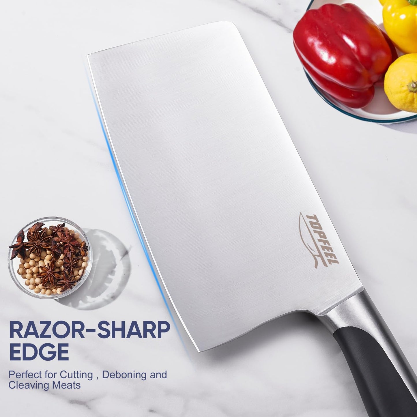 Topfeel Butcher Knife Meat Cleaver Set 3Pcs-7" Heavy Duty Bone Chopper& 7" Santoku Knife& 5" Utility Knife, German Stainless Steel Chef Knives Set for Kitchen Home Gift