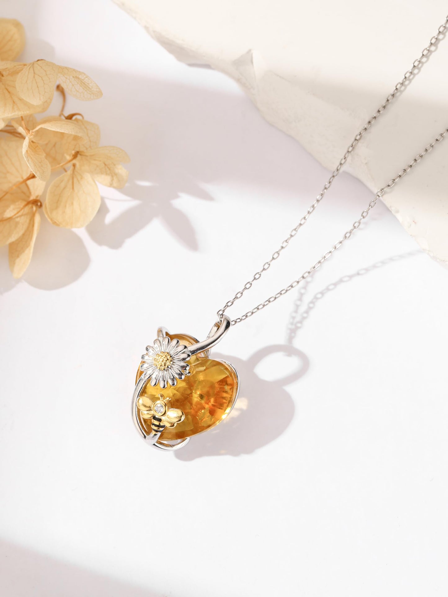 AENEAS Valentines Day Gifts for Women Her Bee Necklace 925 Sterling Silver Daisy Honey Bee Pendant Necklace with Love Heart Citrine Crystal Jewelry for Birthday Christmas Anniversary