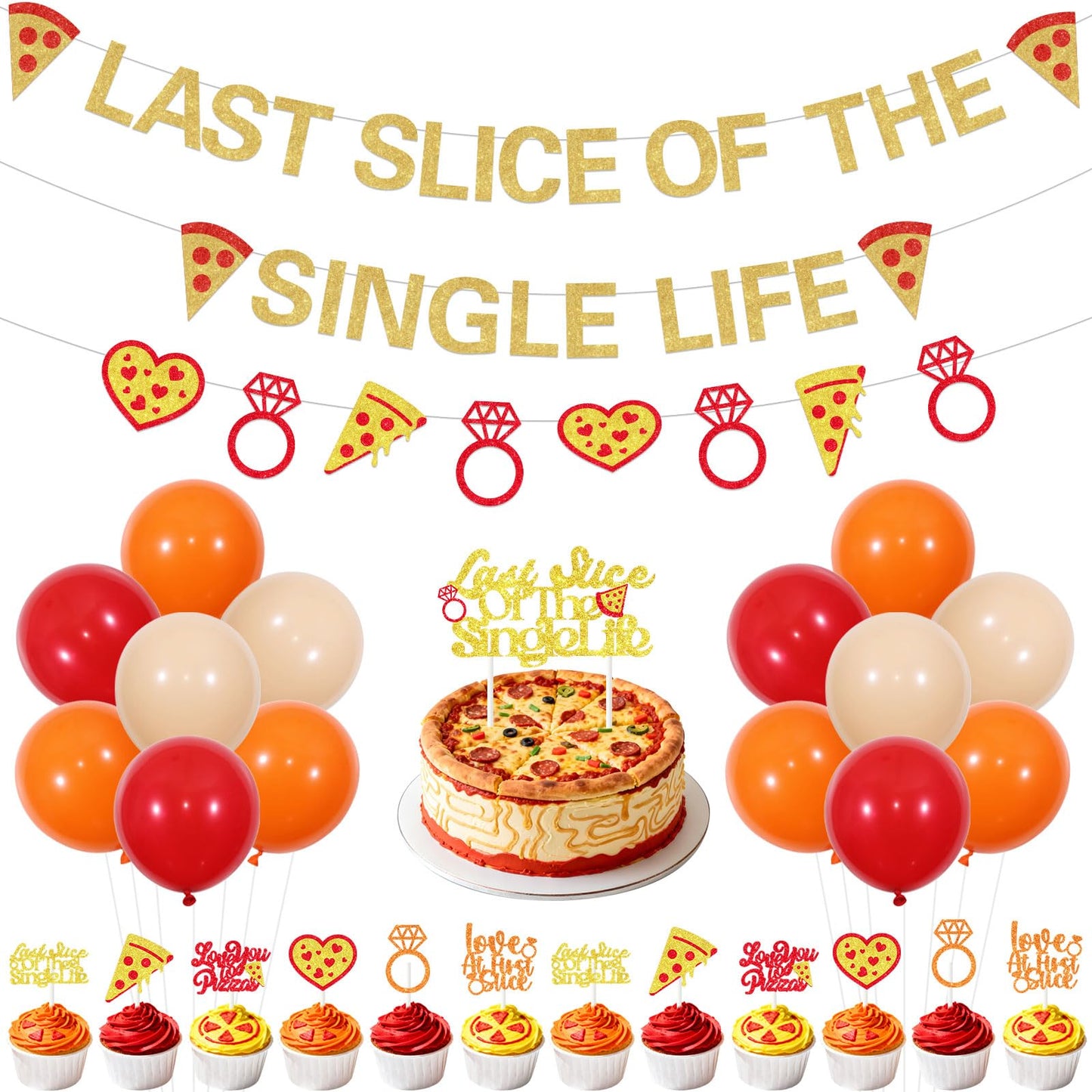 Pizza Bridal Shower Decorations Golden Glitter Last Slice of The Single Life Banner Cake Topper Italian Themed Garland Cupcake Toppers Latex Balloons Kit for Bridal Shower Bachelorette Party Supplies