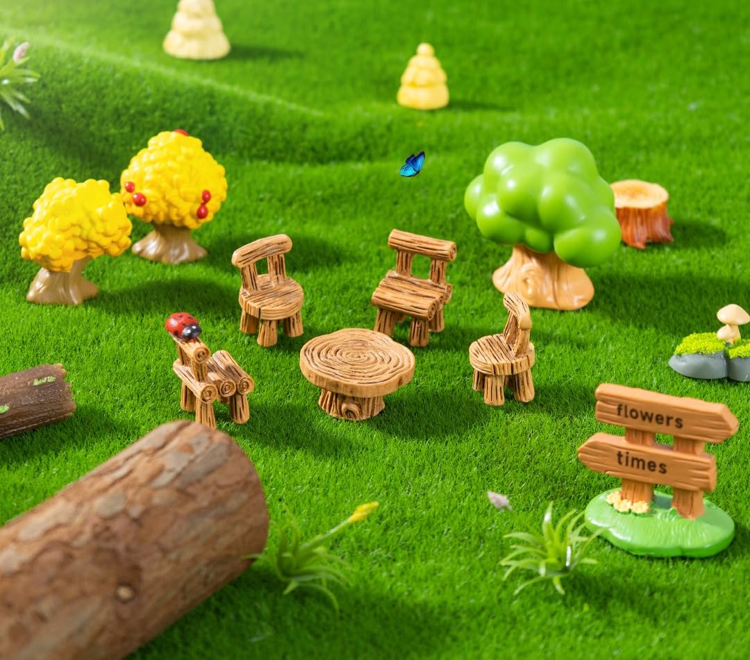 7 Pcs Miniature Fox Figurines with Realistic Tree Round Table and Chairs - Forest Theme Resin Fairy Garden Furniture Set for Dollhouse Accessories, Micro Landscapes, DIY Crafts & Home Decorations