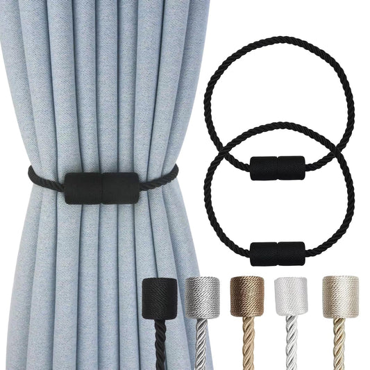2 Pack Magnetic Curtain Tiebacks Modern Handmade Rope Curtain Tie Backs Decorative Drapes Holdbacks for Home Outdoor Bedroom Decorative Curtain (Black)