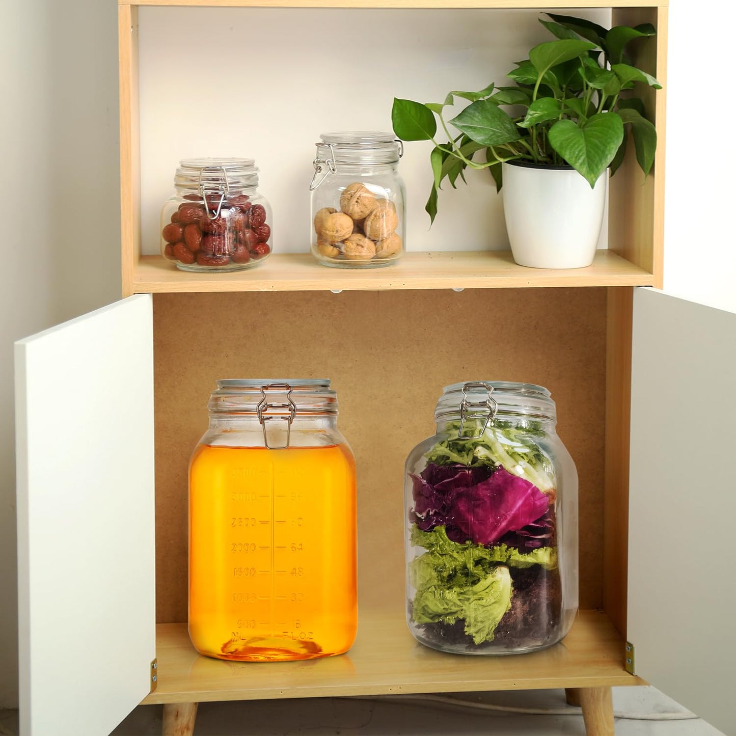 ZALSSKE 1.1 Gallon Large Glass Food Storage Jars with Airtight Lids,Set of 2 Square Wide Mouth Airtight Glass Storage Container,135oz Kitchen Mason Jar with Measurement Mark,for Flour Sugar Canning.