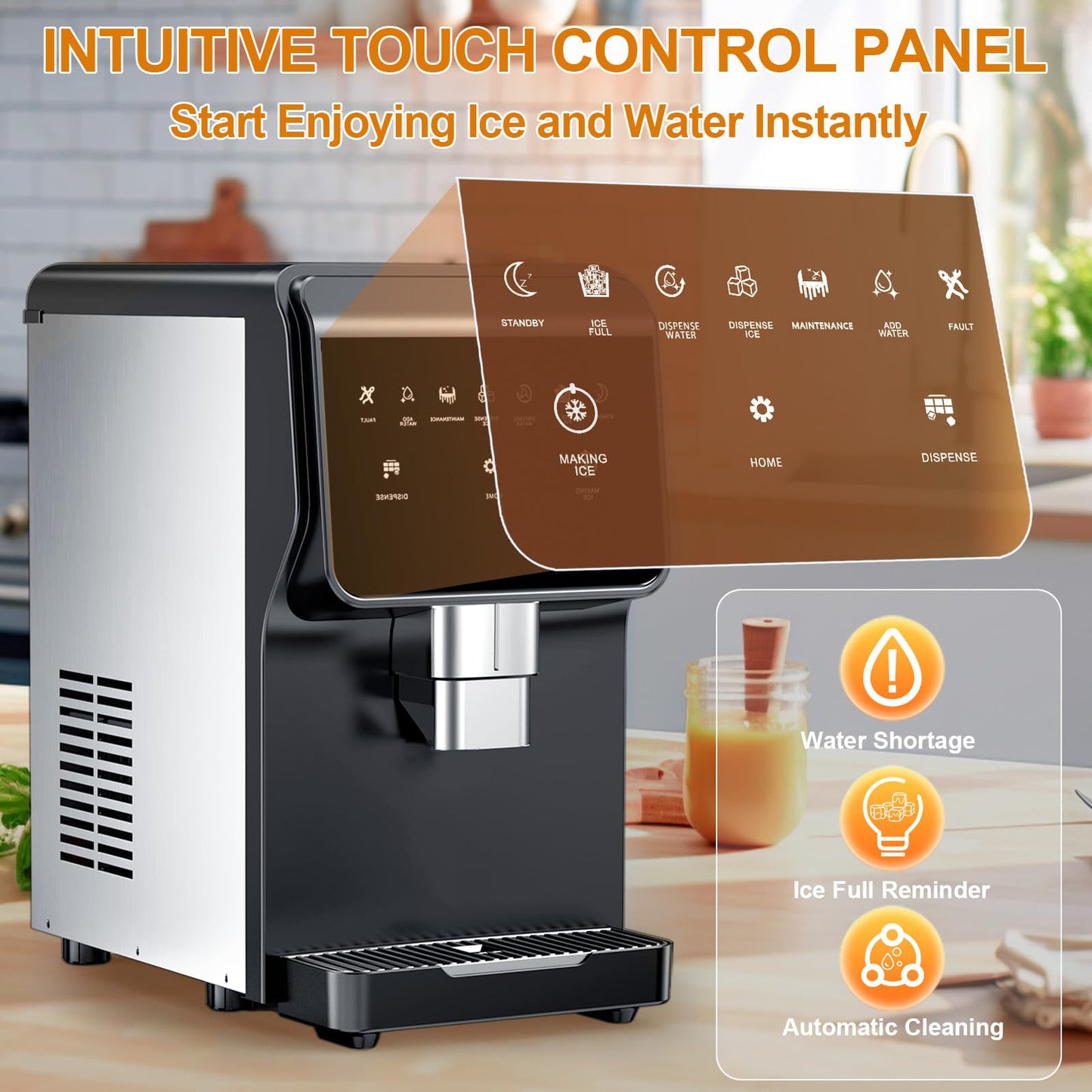 Nugget Ice Maker Countertop, 50LBS/24H, 5LBS Storage, 2-in-1 Ice Maker & Water Dispenser, Soft Chewable Pellet Ice, Stainless Steel, Self-Cleaning for Home Kitchen Office Bar
