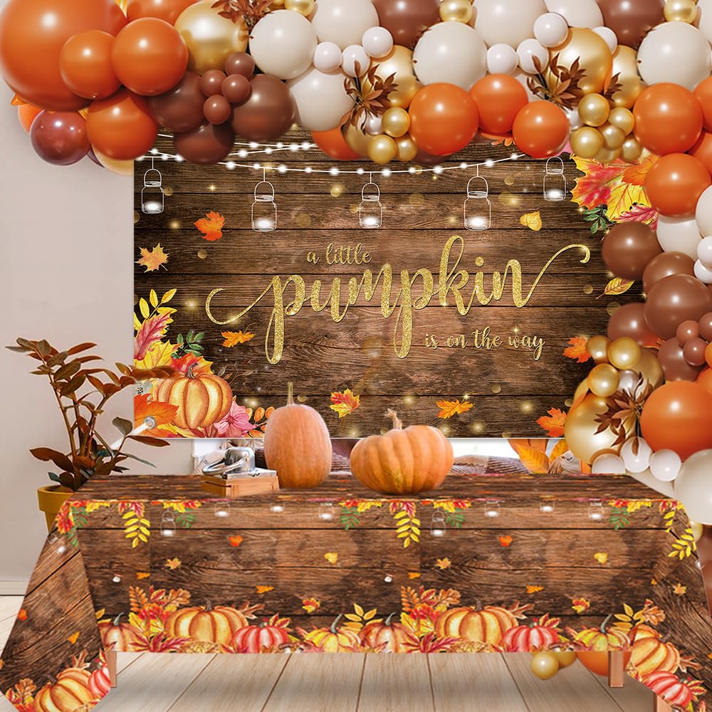 MEHOFOND Thanksgiving Pumpkin Baby Shower Decorations, Fall Rustic Wood Little Pumpkin is On the Way Backdrop Tablecloth Balloons Arch, Autumn Orange Brown Balloons Garland for Give Thanks Baby Shower