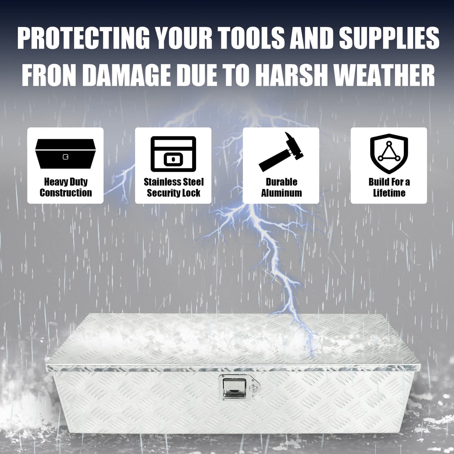 confote 39 Inch Heavy Duty Aluminum Stripes Plated Tool Box Pick Up Truck Bed RV Trailer Toolbox Waterproof Square Storage Organizer with Side Handle, Lock and Keys -39"x 13"x 10"，Silver