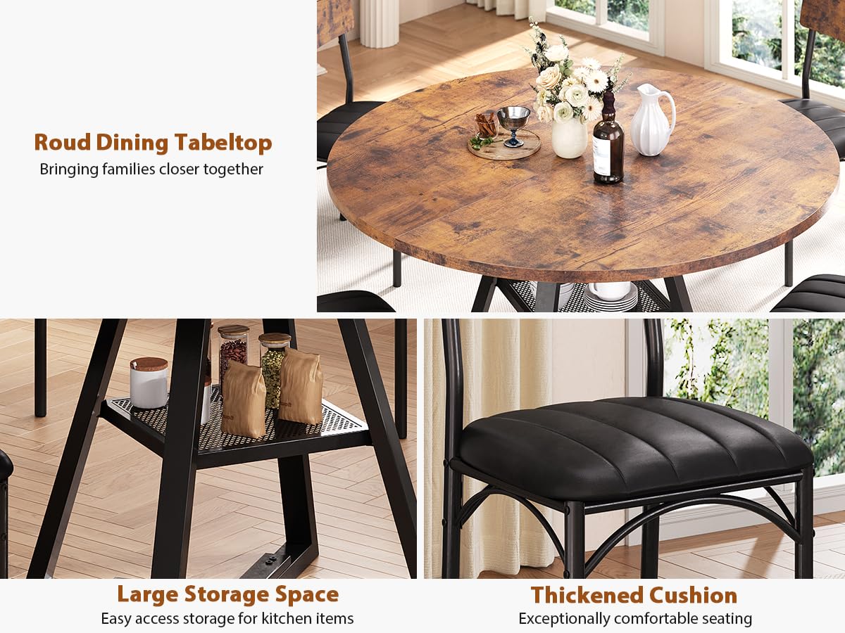 Dining Table Set for 4,Kitchen Table and Chairs for 4, Round Dining Room Table with Upholstered Chairs, 5 Piece Space Saving Circle Wood Kitchen & Dining Room Dinner Dinette Table Set (Vintage, 51In)