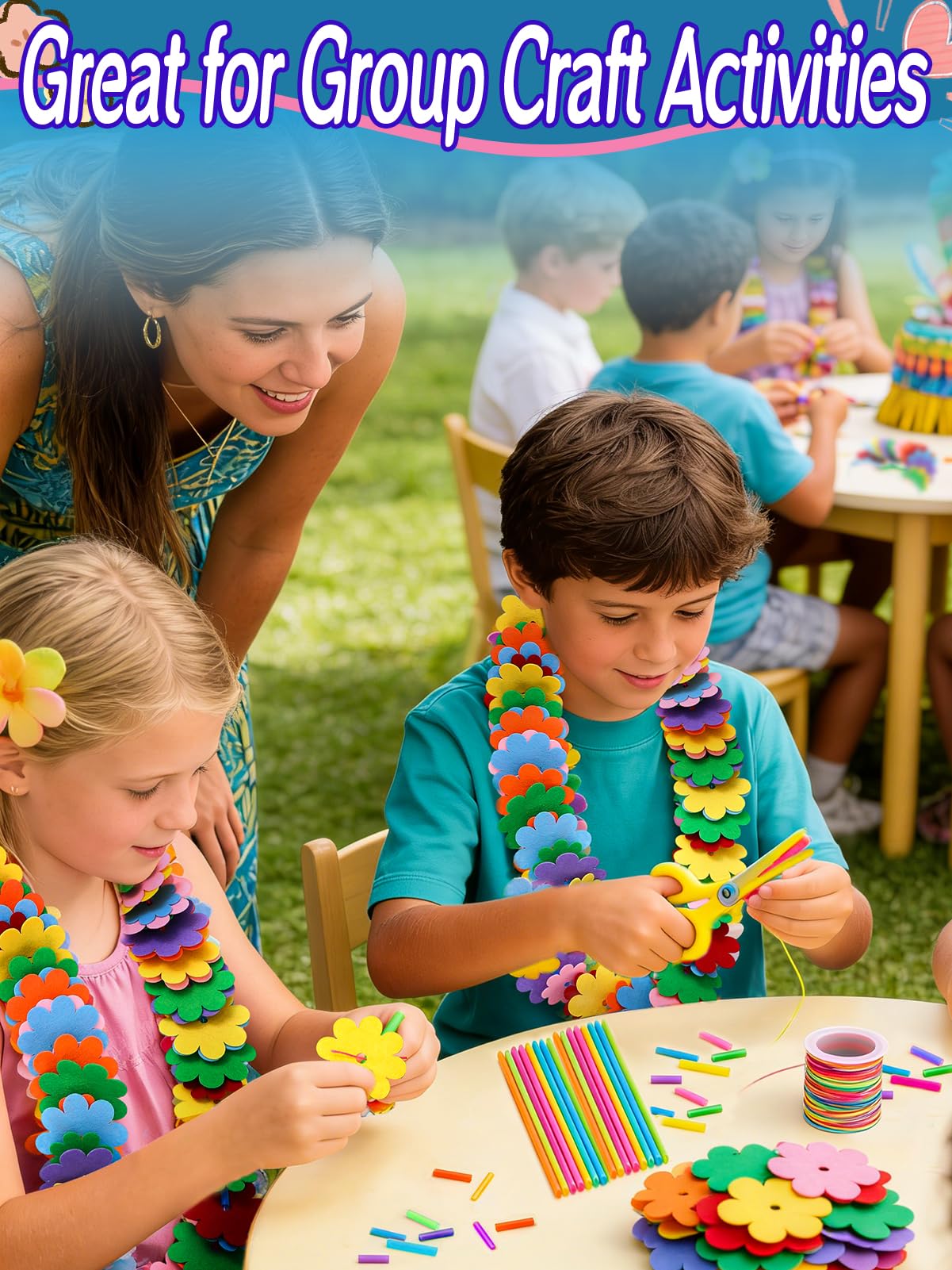 Cosweet Lei Making Craft Kit for Kids - Hawaiian Leis Bulk Makes 24 Flower Necklaces with 1000 Felt Flowers, Lei Craft Supplies for VBS, Classroom Activities & Luau Party Favors