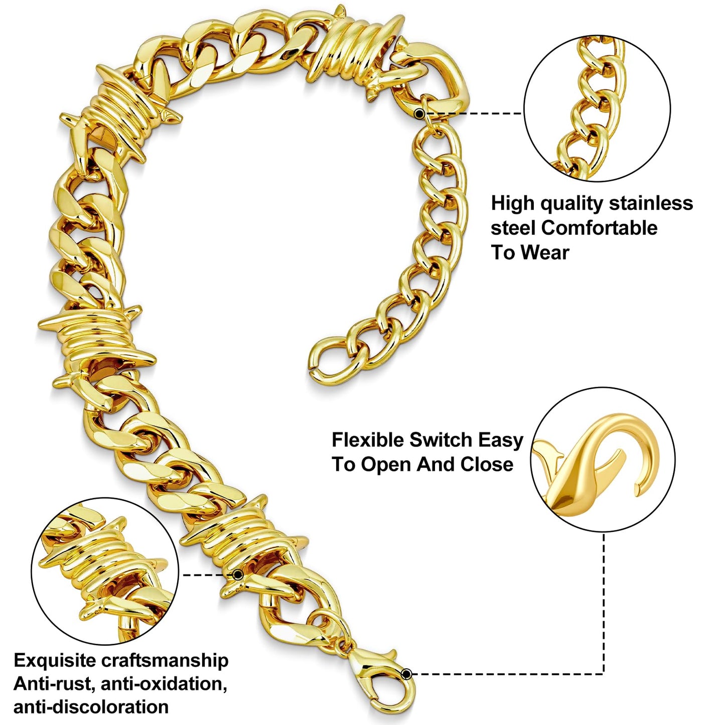 LuxGoth Stainless Steel Barbed Wire Thorns Chunky Adjustable Cuban Link Chain Bracelet Gothic Punk Rock Biker Vintage Viking Brambles Link Curb Bracelet Jewelry for Men Women Gold GTS-B1B45062