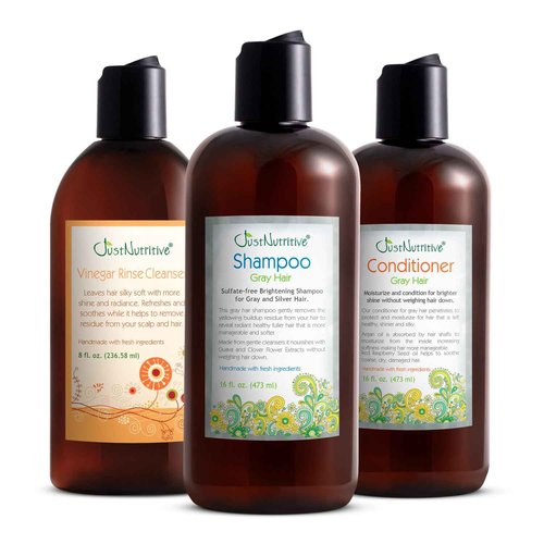 Just Nutritive Gray Hair Kit | Shampoo 16oz, Conditioner 16oz, Vinegar Rinse 8oz | Natural Gray Treatment | Anti Yellowing | Brightening Hair Kit