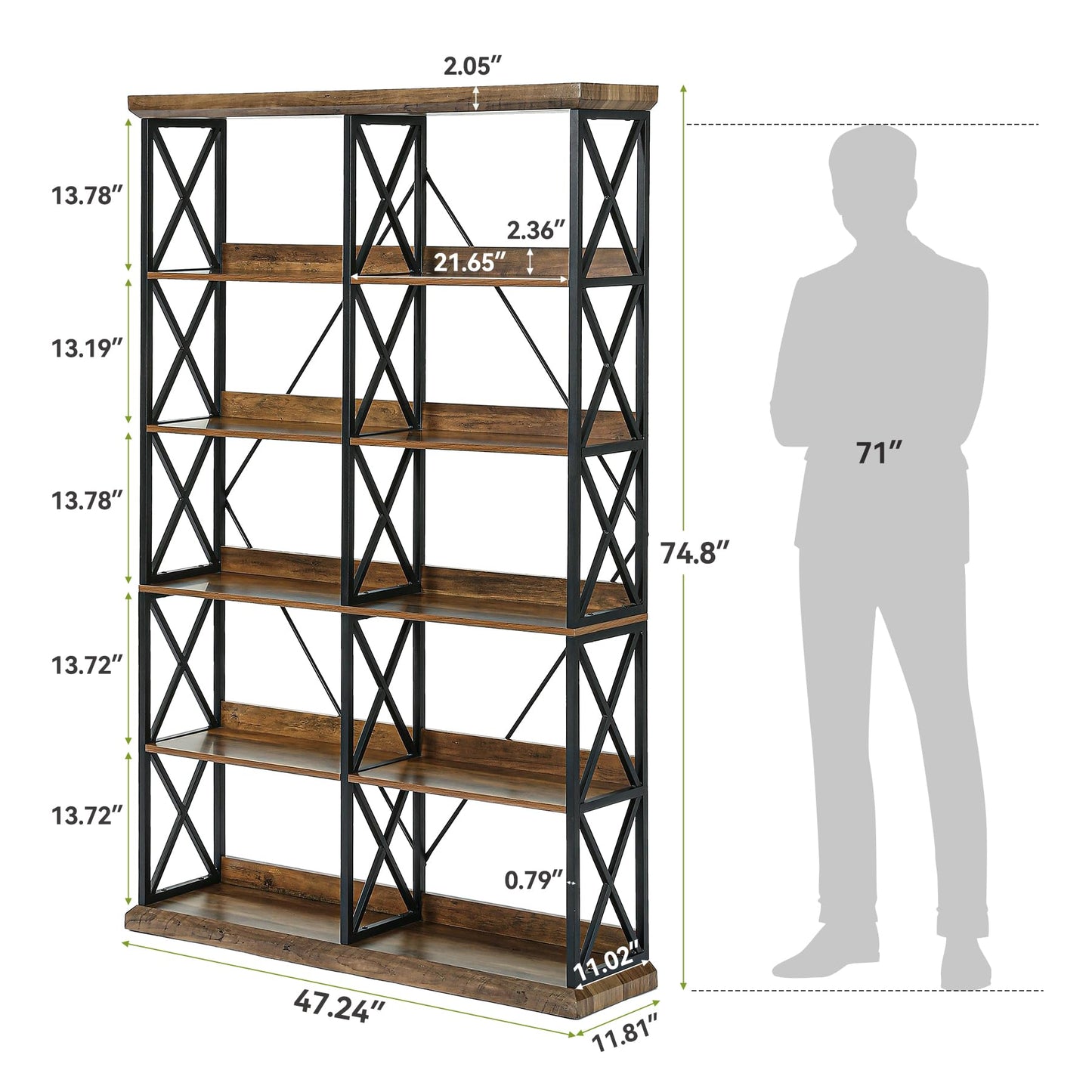 LITTLE TREE Industrial Bookshelf, 6-Tier 47" Wide Bookcase, 75" Tall Standing Shelf Units with 12 Wooden Shelves, Large Open Metal Display Organizer for Office, Living Room, Bedroom, Rustic Brown