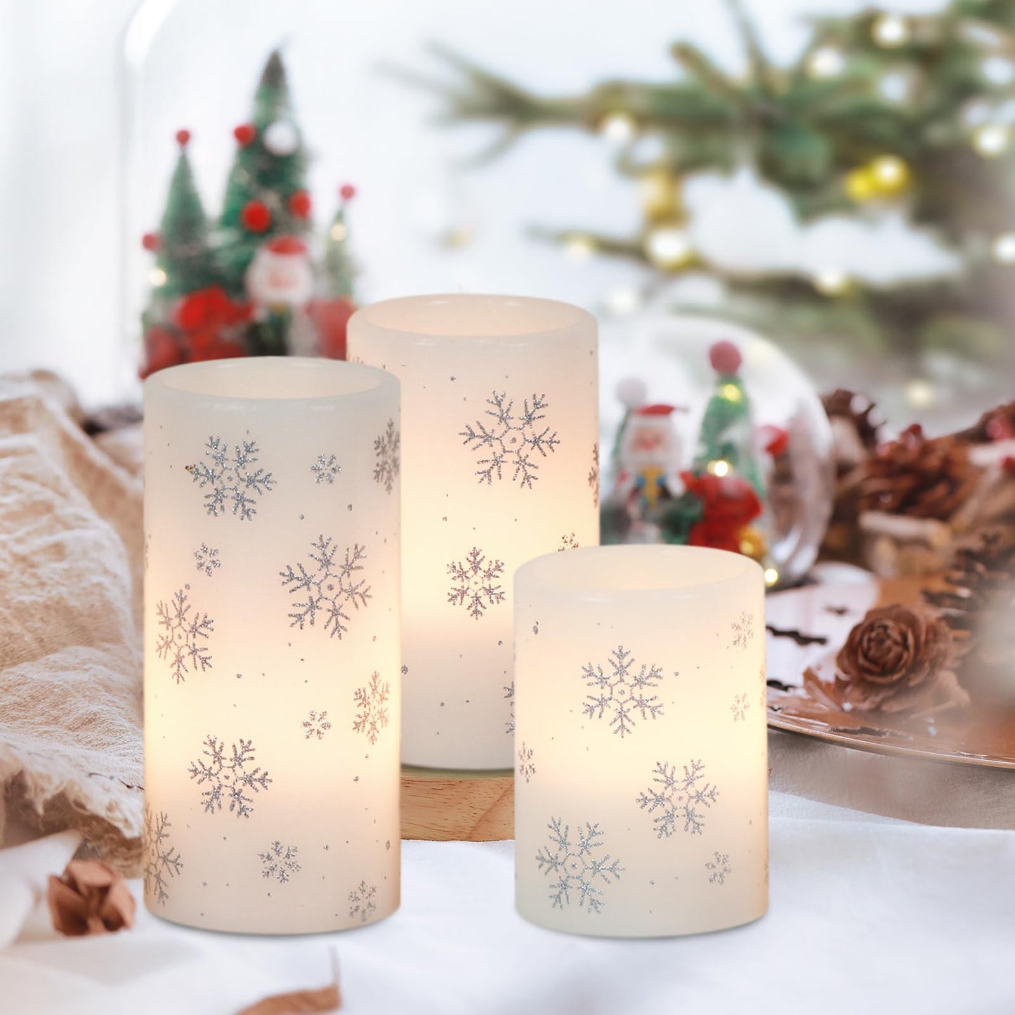 DRomance Silver Snowflake Flameless Flickering Candles Battery Operated with 6H Timer, 3 Pack Real Wax Warm Light LED Pillar Candles Dinner Tabletop Holiday Centerpiece Decor 3" x 6"""