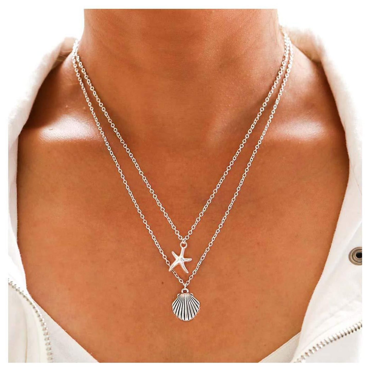 Boho Starfish Seashell Layered Necklace Gold Silver Plated Dainty Charm Double Layer Sea Shell Lucky Stars Ocean Animal Chain Necklace for Women Hawaiian Summer Beach Vacation Jewelry Gifts (Silver)