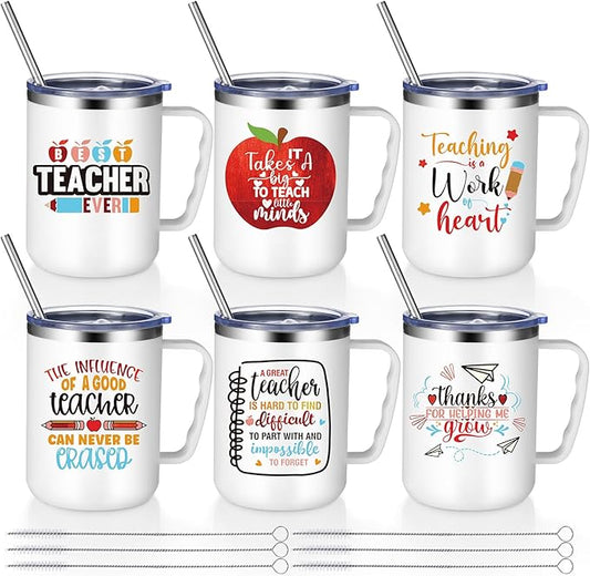Maxcheck 6 Pcs Christmas Teacher Appreciation Gifts Mugs Bulk 16oz Thank You Teacher Stainless Steel Tumblers Inspirational Insulated Coffee Cups with Handle Lids Straw for Women Birthday Gifts